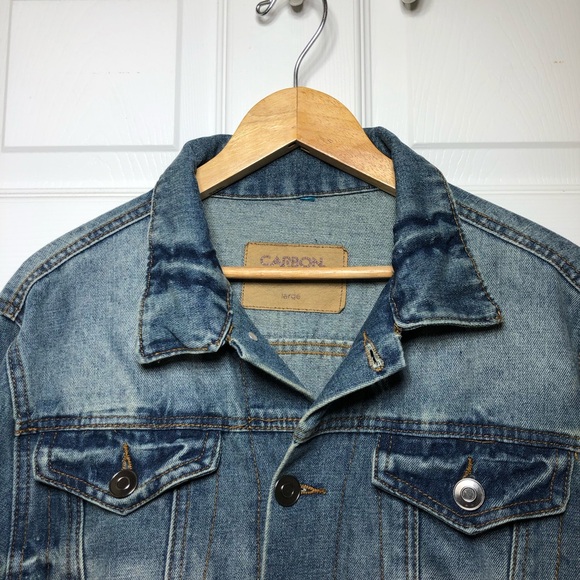 Carbon 70829 Denim Blue Yellowish Wash Distressed Buttoned Trucker Jean Jacket L - Picture 3 of 16